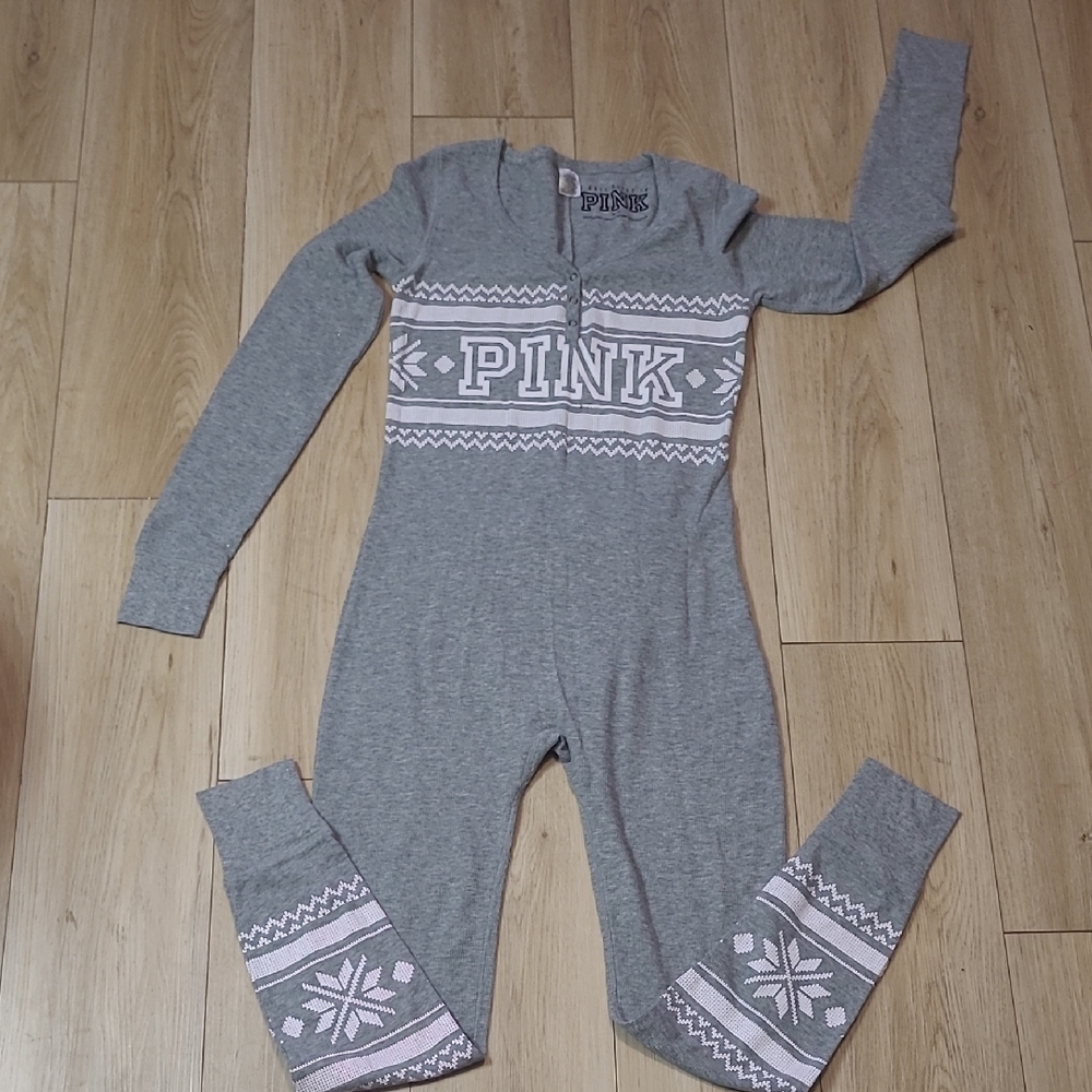Victoria's Secret PINK Pajama One Piece Med Gray Fair Isle Thermal Back Flap - Picture 3 of 8